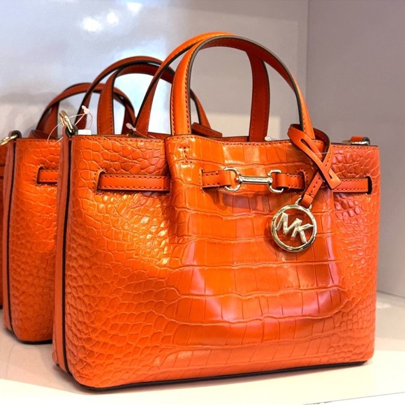 Michael Kors Carson Small Crocodile Embossed Satchel Bag Red Clay - Picture 4 of 11